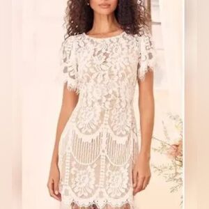 Lulus Pearson Eyelash Lace Sheath Dress White Short Sleeve Bride Wedding Small